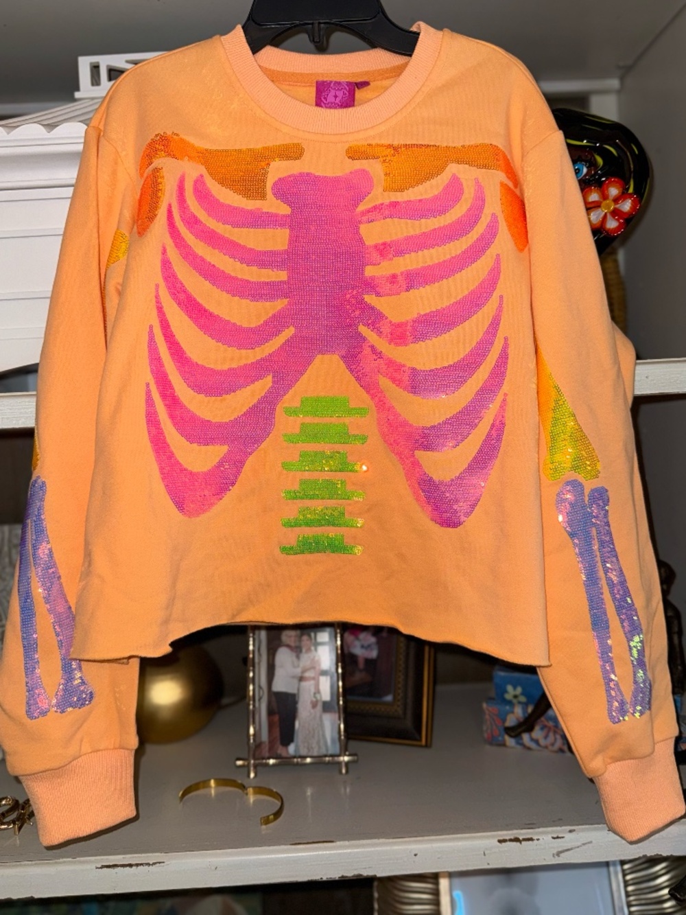 Queen of Sparkles QOS XS neon orange skeleton cropped sweatshirt - Picture 2 of 5